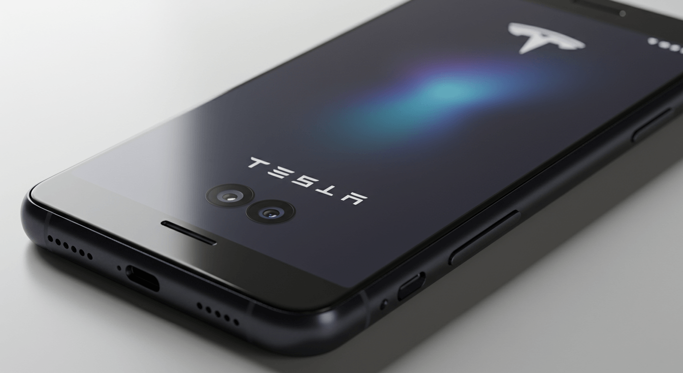 Concept design of the Tesla Phone showing a sleek, futuristic smartphone with Tesla branding.