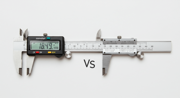 Close-up of an analog caliper with a Vernier scale for manual measurement. Digital Caliper vs Analog