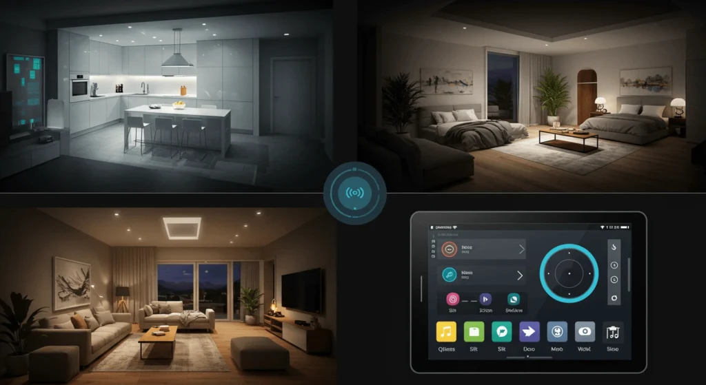 A modern living room with smart lighting featuring color-changing LED bulbs, voice-controlled settings, and integration with Amazon Alexa and Google Assistant