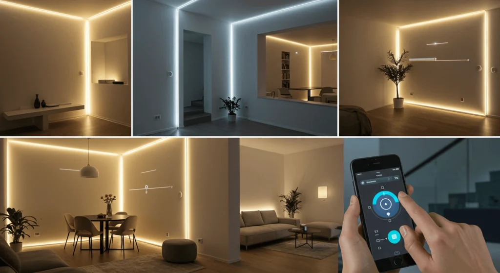 A smart home setup with Philips Hue bulbs, Google Assistant, and a SmartThings hub for seamless lighting control.