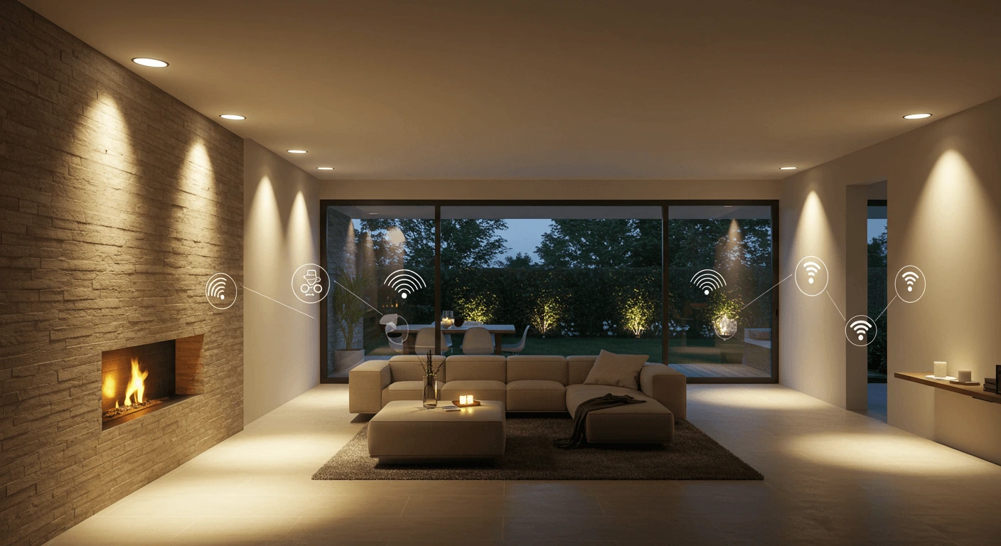 A modern smart home with voice-controlled lighting and colorful LED smart bulbs